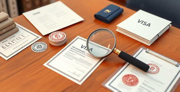 Una mesa con varios documentos y sellos oficiales, con un visado en el centro y una lupa encima, en un entorno de oficina diplomática.