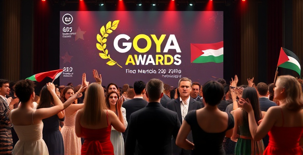 Una imagen de una gala de premios con un ambiente tenso y politizado, donde se ven actrices y actores con pancartas o gestos de protesta, y una pantalla grande detrás mostrando el logotipo de los Premios Goya y referencias a Palestina.