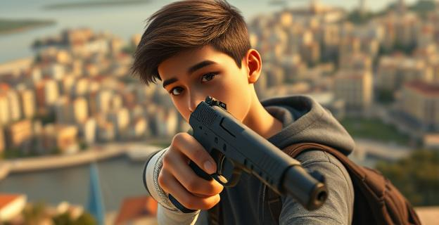 Una imagen de un adolescente con una pistola en la mano, con un fondo de una ciudad costera española, mostrando la facilidad de acceso a armas y la influencia del crimen organizado en la juventud.