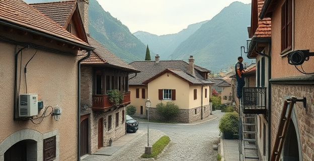 Un pueblo rodeado de montañas con casas antiguas y calles empedradas. En una de las fachadas hay cables de fibra óptica y una caja de conexión. Técnicos trabajando con escaleras y herramientas.
