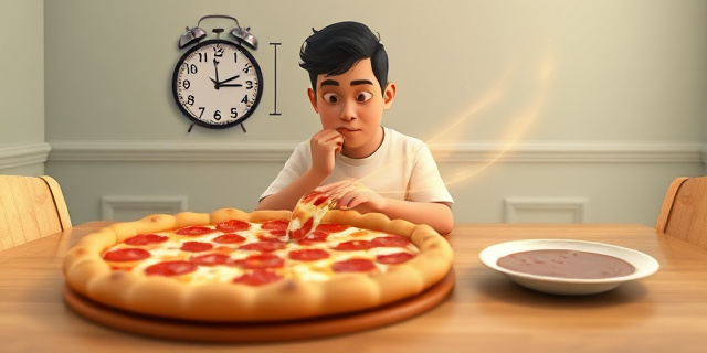 Una escena de una mesa con una pizza grande, una persona con la boca abierta y la boca en movimiento lento, un reloj flotante que marca el tiempo, una representación visual de hormonas GLP‑1 y PYY como pequeños destellos de luz saliendo del estómago hacia el cerebro, y la grelina como una sombra oscura que se desvanece. El ambiente debe parecer cotidiano, con luz suave y sin rostros reales.