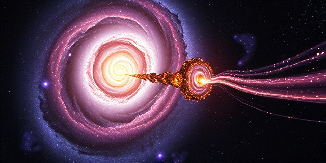 Una representación artística y surrealista de una galaxia espiral gigante girando violentamente sobre su eje, chocando con una pequeña galaxia enana que se deshace en formas alargadas similares a salchichas brillantes. Colores cósmicos profundos, púrpuras y dorados, con un efecto de movimiento cinético y polvo estelar disperso.