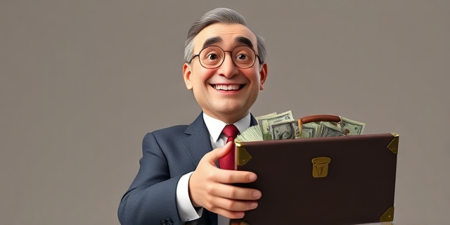 Una imagen de un ministro sonriendo mientras sostiene un maletín lleno de dinero