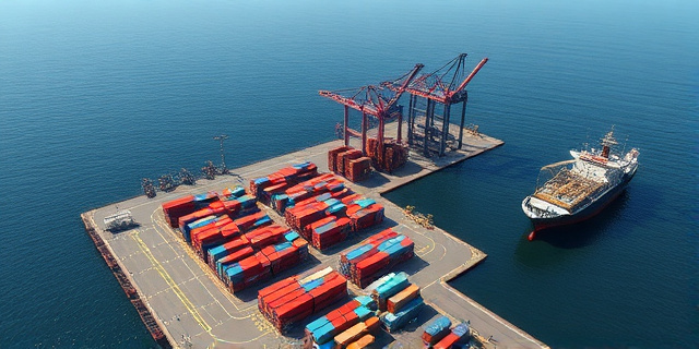 Un gran puerto marítimo con contenedores y barcos, rodeado de aguas tranquilas y con un cielo soleado.