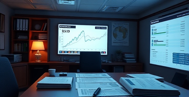 Oficina con documentos y pantallas mostrando transferencias bancarias internacionales y gráficos de flujo de dinero hacia Portugal, con un ambiente de investigación y análisis financiero