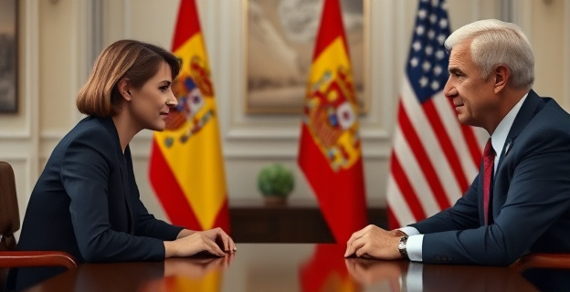 Una imagen de una reunión oficial con un ambiente tenso entre una mujer (ministra de Defensa) y un hombre (embajador de EEUU) en un entorno diplomático, con una bandera de España y otra de EEUU al fondo.