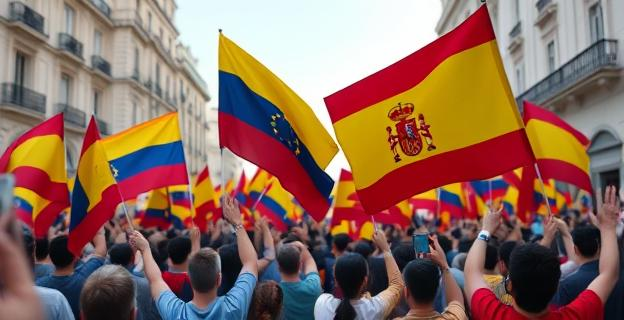 Una imagen de una manifestación en Madrid con banderas de Venezuela y España, representando la solidaridad con los venezolanos en España y la lucha por la democracia en Venezuela.