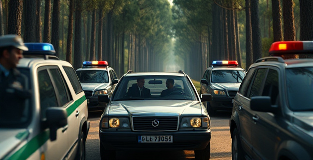 Una escena en el Monte de El Pardo donde se ven varios vehículos oficiales y agentes de seguridad alrededor de un coche que transporta a dos hombres de traje, en un entorno boscoso y con una atmósfera de secretismo