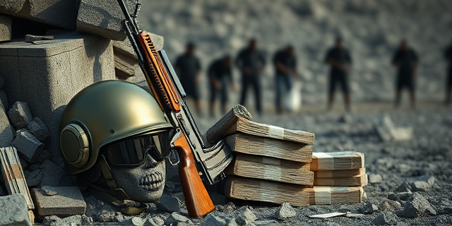 Una ilustración conceptual y satírica. En primer plano, un casco militar brillante y un fusil apoyados contra una pila de escombros de concreto. Al lado del fusil, una bolsa de basura llena de electrodomésticos y fajos de billetes. Al fondo, siluetas borrosas de personas cavando con las manos en la tierra gris. Estilo editorial, colores desaturados, atmósfera opresiva y cínica.