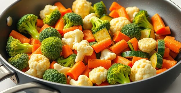 Una sartén con verduras salteadas, con brócoli, coliflor, zanahorias, judías y calabacín, todo cortado de manera uniforme y salteado con ajo y aceite de oliva, presentado de manera apetitosa