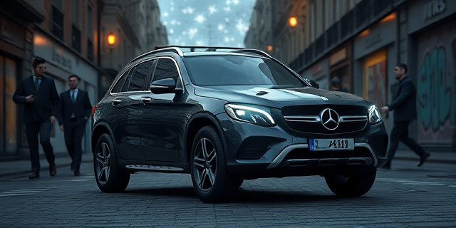 Un automóvil de aspecto utilitario negro combina rasgos de un Peugeot 407 y un Mercedes GLC Coupé, con luces que brillan como estrellas en la noche. Alrededor, figuras políticas en sombras caminan por calles de Madrid, mientras grafitis irónicos reflejan la ironía del mito.