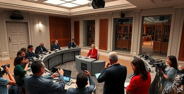 Sala de prensa de la Moncloa con periodistas y Pilar Alegría en rueda de prensa