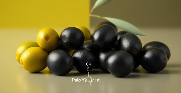 Un bodegón minimalista que ilustre la dualidad de las aceitunas: la mitad izquierda presenta aceitunas verdes vibrantes y frescas, mientras que la mitad derecha muestra aceitunas negras profundas y oscuras. Entre ellas, un sutil rastro de un compuesto químico que las unifica o las transforma, sin elementos de texto ni rostros humanos.