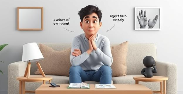 Una persona adulta sentada en un sofá, reflexionando con expresión pensativa. Alrededor, objetos que representan los cinco comportamientos: un espejo reflejando una disculpa, ojos atentos observando el entorno, manos rechazando ayuda, una figura minimizando el dolor y una persona preparando múltiples planes en una mesa.