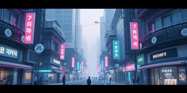 Imagen conceptual de una ciudad futurista coreana con elementos robóticos integrados en la arquitectura y la vida cotidiana. Tonos fríos y neón, con una atmósfera melancólica y reflexiva. Estilo cyberpunk suave, sin figuras humanas reconocibles.