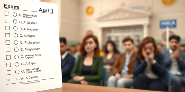 Una imagen de un examen con preguntas y respuestas, con un punto rojo que resalta la respuesta correcta. Un grupo de personas sentadas en una sala, con expresiones de confusión y descontento. Un Ayuntamiento en el fondo, con un letrero que dice 