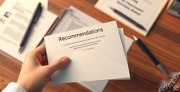 Una mano sostiene un sobre de cartas de recomendación sobre un escritorio con documentos y una pluma