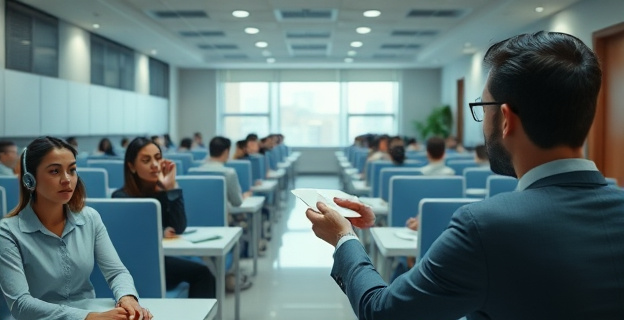 Una sala llena de personas sentadas en mesas de examen con auriculares en las orejas, mientras un hombre en un hotel entrega un sobre con dinero a otro hombre de manera sospechosa.