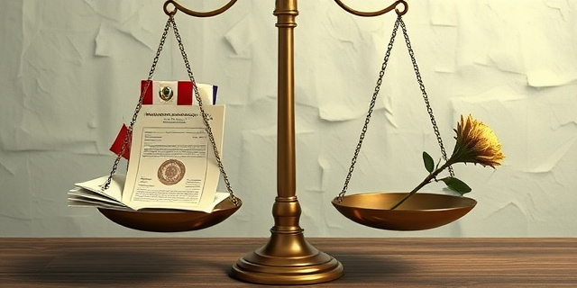 Una balanza desequilibrada con un lado lleno de documentos oficiales y banderas, y el otro lado vacío, con una sola flor marchita. Estilo pictórico, colores apagados, simbolizando la desigualdad y la promesa incumplida. Fondo abstracto con texturas de papel arrugado.