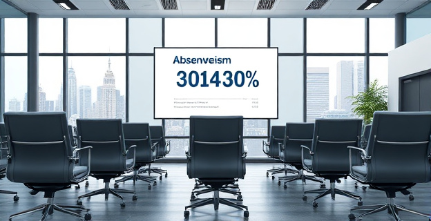 Una imagen que represente una oficina vacía con sillas desocupadas y una gran pantalla mostrando estadísticas de absentismo laboral. Al fondo, una ventana con una ciudad bulliciosa contrastando con la quietud de la oficina.