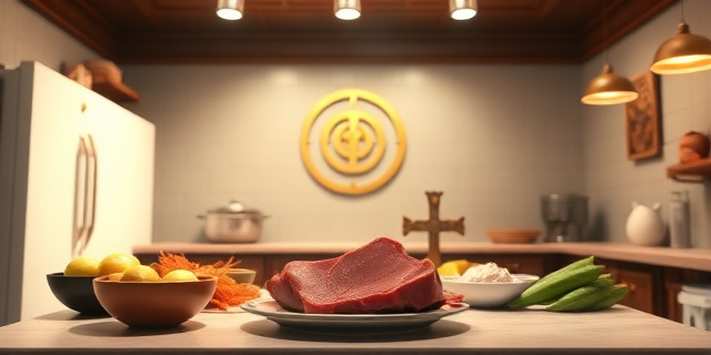 Una cocina televisiva con luces brillantes y una mesa llena de ingredientes, incluida una bandeja de carne de cerdo roja; al fondo, una pared con símbolos religiosos sutiles, como un círculo dorado; la atmósfera está cargada de tensión y expectación, sin rostros humanos visibles.