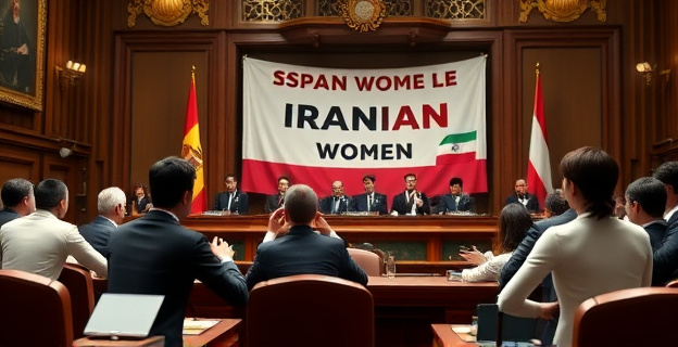 Una imagen que represente la tensión política en el Congreso de los Diputados, con diputados de diferentes partidos en una discusión acalorada, con un fondo que incluya elementos que simbolicen la lucha de las mujeres iraníes, como una pancarta con el mensaje de solidaridad.