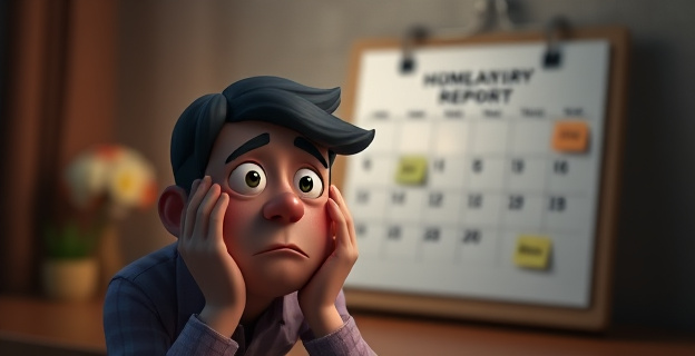 Una imagen que represente un propietario de una vivienda preocupado por las multas y la burocracia, con un calendario en el fondo que indique la fecha límite de presentación del Modelo Anual Obligatorio.