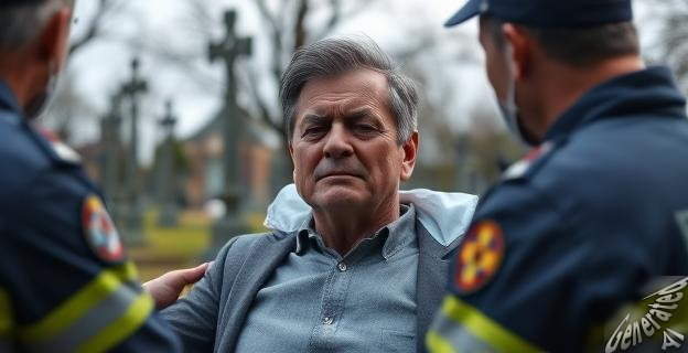 Un hombre de mediana edad siendo atendido por paramédicos en un lugar cerca de un cementerio, con una expresión de dolor y preocupación en su rostro.