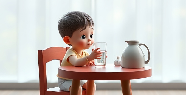 Un niño pequeño sentado en una mesa baja, bebiendo agua de un vaso de cristal grueso, con una jarra de agua al lado y un mantel antideslizante debajo