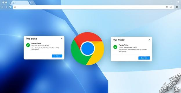 Una pantalla de navegador con varias ventanas emergentes cerrándose automáticamente, con un icono de Chrome en el centro y un fondo con tonos de azul y blanco representando una navegación más limpia.