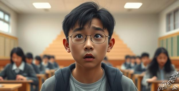 Una imagen de una estudiante coreana con una expresión de miedo y ansiedad en un instituto, con un fondo que muestra una pirámide simbólica representando el juego de supervivencia.