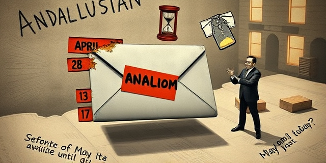 
  Una imagen surrealista de un sobre electoral gigante, medio quemado, flotando sobre un mapa de Andalucía con fechas borrosas (28 de abril, 13 de mayo, 17M) escritas con tiza. Al fondo, un funcionario con traje y corbata intenta pegar un sello gigante mientras un SMS en pantalla dice ‘Documentación disponible hasta… ¿hoy?’. Estilo magazine satírico de los años 70, con colores desaturados y un reloj de arena roto en la esquina superior derecha. Texturas de papel arrugado y tinta desvanecida. Nada de rostros reconocibles, solo siluetas de personas con nombres genéricos (‘El Votante’, ‘La Junta’, ‘Correos’) escritos en rotulador rojo.