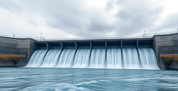Imagen de una presa hidráulica llena de agua con un cielo nublado detrás, reflejando la seriedad del mantenimiento necesario