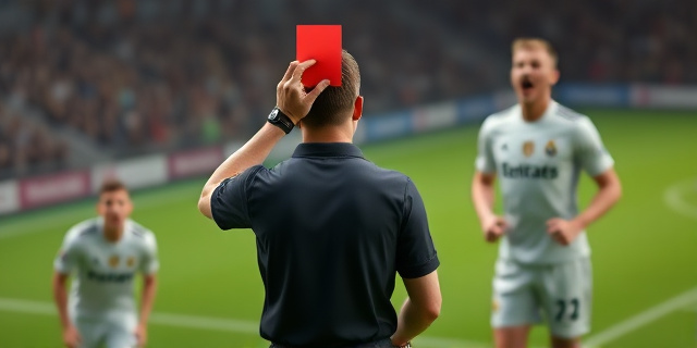Un árbitro de fútbol con una tarjeta roja en la mano, mientras un jugador del Real Madrid grita en el fondo