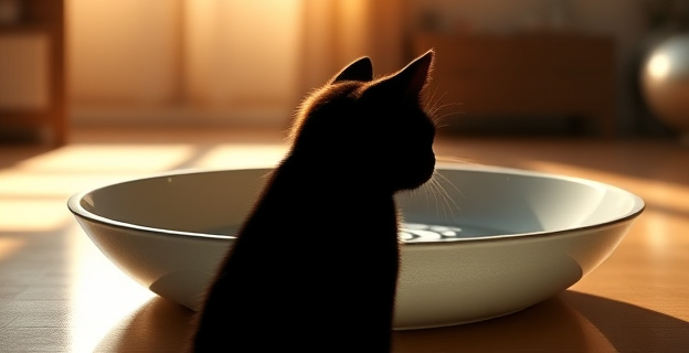 Un gato de silueta elegante, con bigotes prominentes, observa un cuenco de agua amplio y poco profundo. El reflejo del sol crea suaves ondas en la superficie. El ambiente es doméstico, tranquilo, con tonos cálidos y una luz natural que ilumina la escena, sugiriendo curiosidad y comodidad. Sin texto.