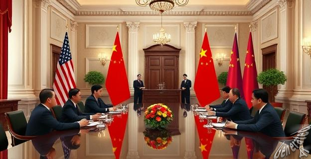Imagen de una reunión de alto nivel en el Palacio de Santa Cruz con banderas de Estados Unidos y China, y empleados del Ministerio de Asuntos Exteriores trabajando en segundo plano.