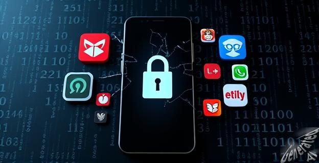 Una imagen de un smartphone con una pantalla de bloqueo rota, rodeado de iconos de aplicaciones maliciosas y un fondo oscuro con códigos binarios