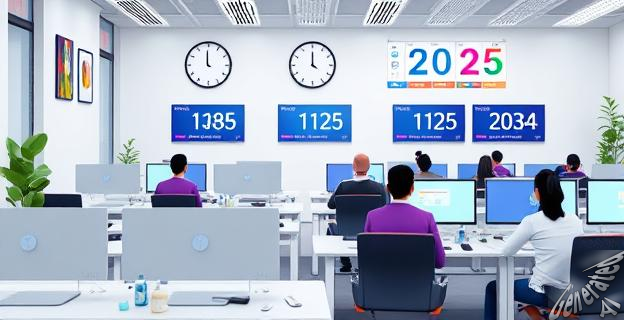 Oficina moderna con empleados trabajando en sus escritorios, con un reloj en la pared y un calendario en el que se ve la fecha de 2025. Hay pantallas mostrando aplicaciones de control horario.