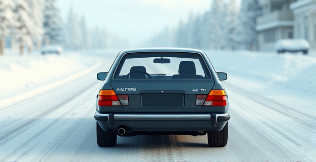 Un coche en una carretera cubierta de nieve con un conductor al volante, con un kit de seguridad en el asiento trasero