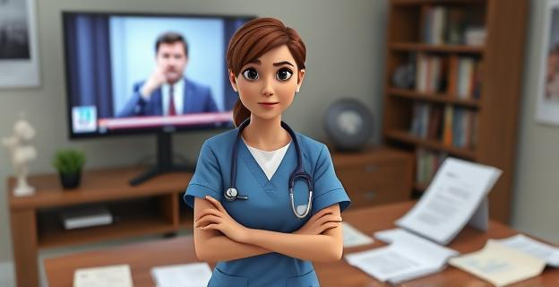 Una mujer con uniforme médico está de pie frente a un escritorio con un bolígrafo en la mano, rodeada de papeles y documentos. Al fondo, una pantalla muestra un vídeo con una figura política haciendo una declaración. La expresión de la mujer es de escepticismo y crítica.