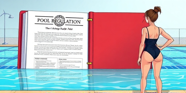 Una ilustración conceptual y satírica que muestre un reglamento de piscina gigante y rígido como un muro, separando un área de agua cristalina de una silueta femenina vestida con ropa de baño cubierta. Estilo de caricatura editorial de periódico, colores contrastados, atmósfera de burocracia absurda.