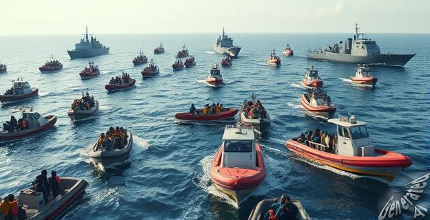 Una flotilla de barcos en el mar Mediterráneo siendo interceptada por barcos navales de un país. Los barcos están rodeados y los pasajeros están siendo abordados por soldados.