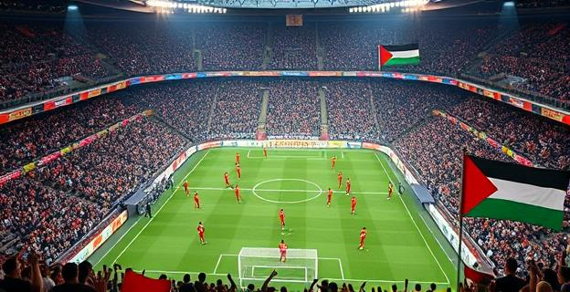 Un estadio de fútbol lleno con aficionados ondeando banderas vascas y palestinas, con un círculo central que muestra una reproducción del Guernica de Picasso. La atmósfera es de solidaridad y reivindicación política.