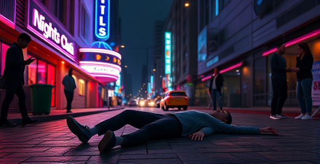 Una escena nocturna en una calle urbana con una discoteca iluminada al fondo y una figura tendida en el suelo mientras personas alrededor llaman por teléfono y atienden al herido.