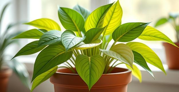 Una maceta con un poto saludable y brillante, con hojas verdes y crema, en un ambiente luminoso pero con luz tamizada, y con gotas de agua en las hojas.