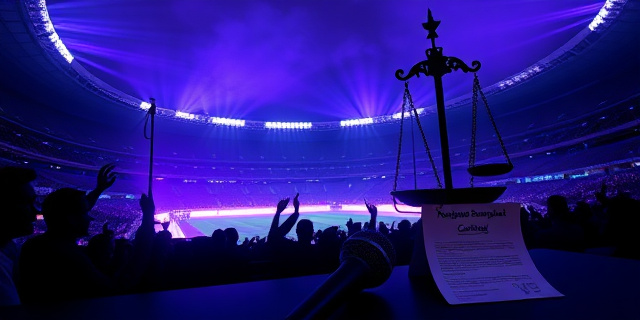 
  Una imagen surrealista del Santiago Bernabéu de noche, iluminado como un escenario de concierto, pero con siluetas de vecinos enfurecidos golpeando ventanas desde apartamentos oscuros en primer plano. Al fondo, una balanza de la justicia inclinada hacia el estadio, con monedas y billetes cayendo del lado del club. El cielo está teñido de un tono entre morado y azul eléctrico, como si el ruido de los altavoces fuera visible. En el suelo, un micrófono roto con la etiqueta 