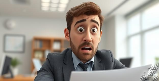 Imagen de un hombre en una oficina, con una expresión de sorpresa y preocupación, mientras mira un documento o una pantalla de computadora.