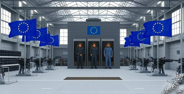 Imagen de una gran fábrica de municiones con banderas europeas ondeando en el exterior, y trabajadores en overoles industriales en el interior.