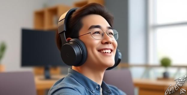Imagen de unos auriculares Xiaomi OpenWear Stereo sobre una mesa de oficina con una persona sonriendo mientras los usa.