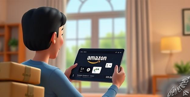 Ilustración de una persona en una casa recibiendo un paquete de Amazon con una tableta mostrando la página de Amazon Prime
